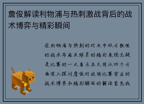 詹俊解读利物浦与热刺激战背后的战术博弈与精彩瞬间